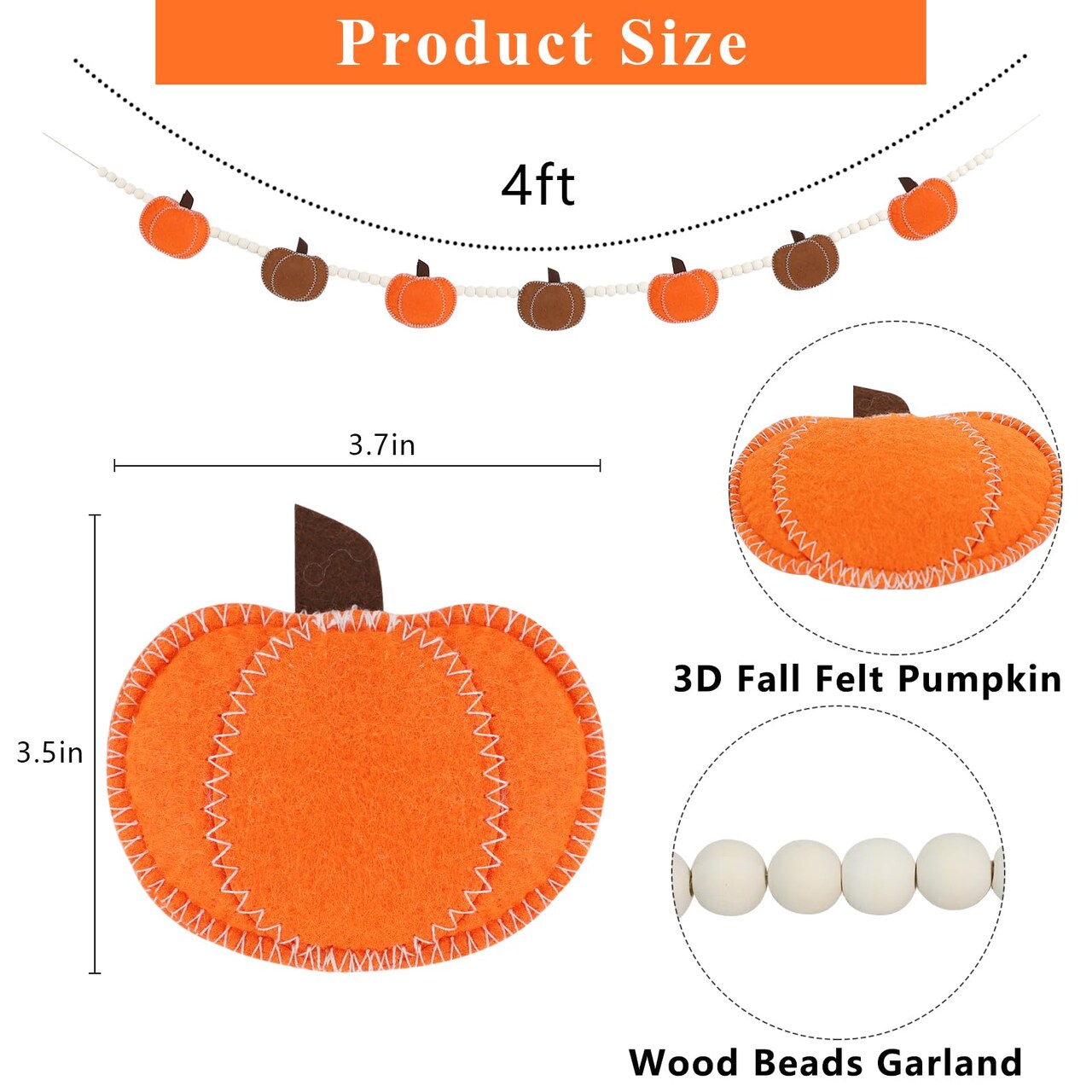 Fall Decor, Fall Decorations for Home, Felt Pumpkin Garland and Wood Bead for Fall Decorations Indoor, Fall Pumpkin Banner for Mantle Wall Decor
